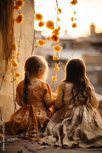 two little girls sitting on a bed looking at each other girls