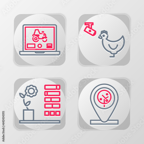 Set line Location and tree, Flower status, Chicken farm camera and Laptop application for smart icon. Vector