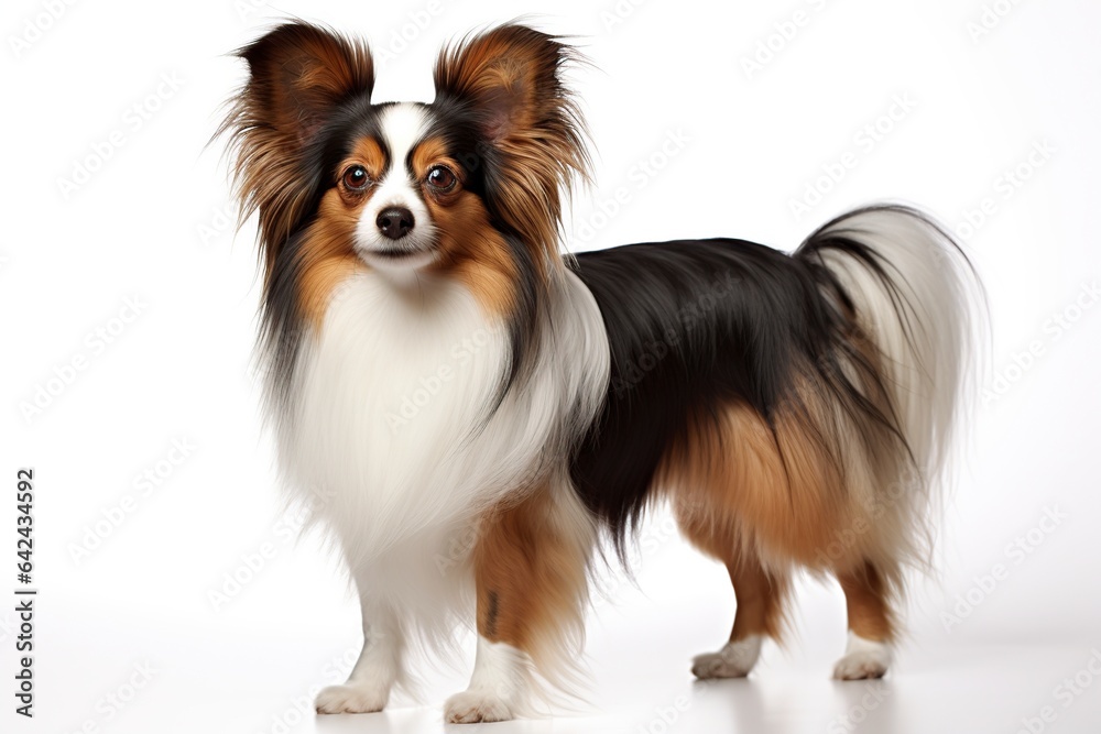 papillon dog stands a on white background