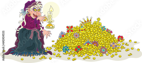 Angry witch with a burning candle checking a safety of her priceless treasures and gold coins on a dark terrible night, vector cartoon illustration on a white background