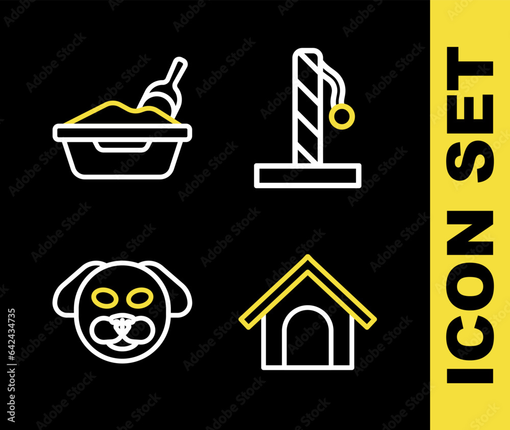 Obraz premium Set line Cat scratching post, Dog house, and litter tray with shovel icon. Vector