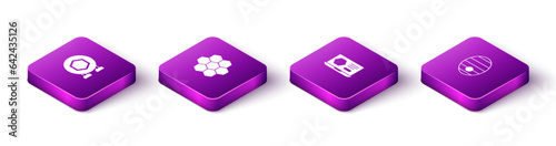 Set Isometric Hanging sign with honeycomb, Honeycomb, online service and Hive for bees icon. Vector