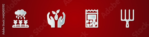 Set Plant sprouts grow in the rain, hand, Pack full of seeds of plant and Garden pitchfork icon. Vector