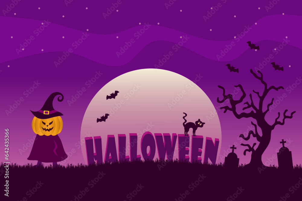 Halloween full moon night background with the Halloween sign, Scarecrow pumpkin, tombstone, cat, and bats. Vector illustration.