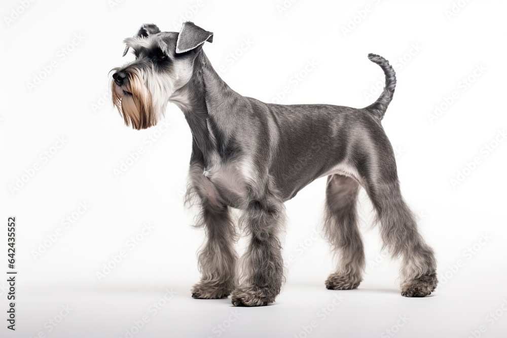 schnauzer dog stands on a white background