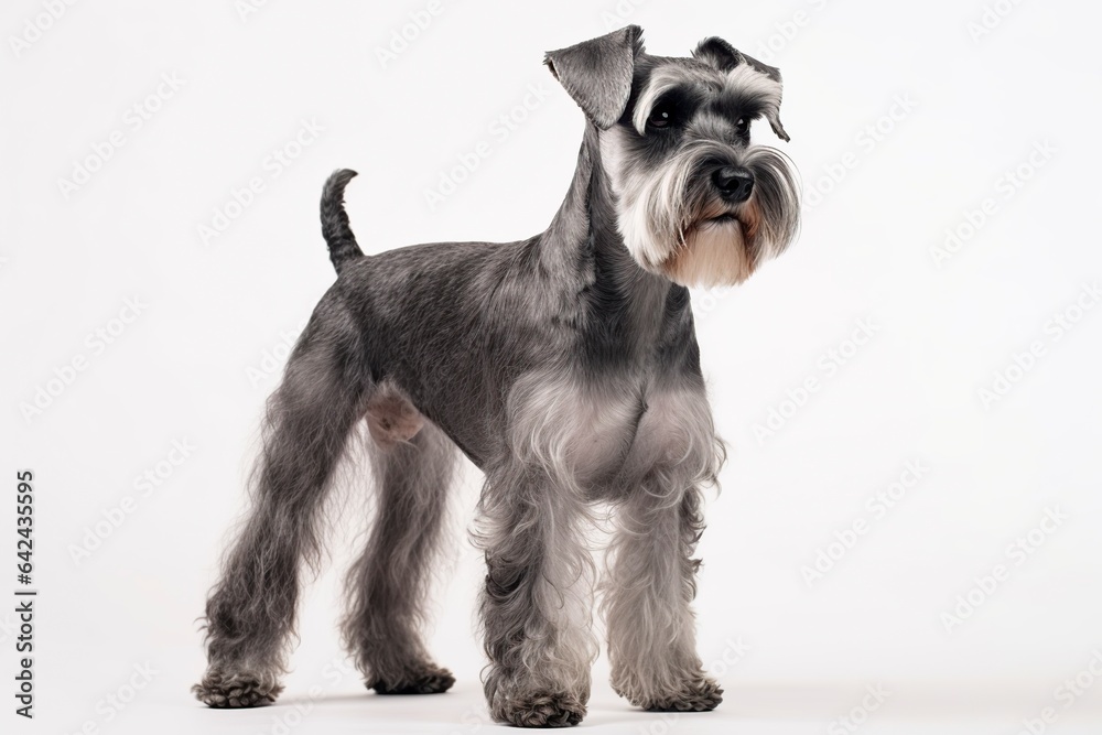 schnauzer dog stands on a white background