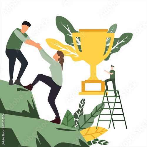 couple is climbing a dream, hold clock alarm ring,people going up stairs reaching for the alarm clock, high hill, work with limited time. Flat design website, flayer, banner.