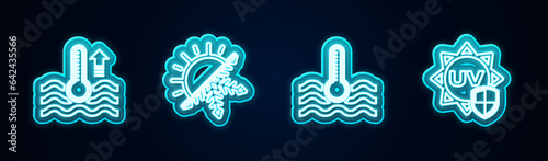 Set line Water thermometer, Sun and snowflake, and UV protection. Glowing neon icon. Vector