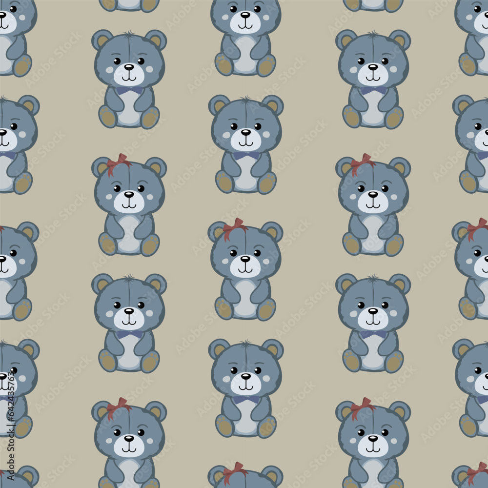 Naklejka premium A set of cute funny little baby bear toy seamless pattern. Funny happy teddy bear,girl and boy with bow and bow tie.