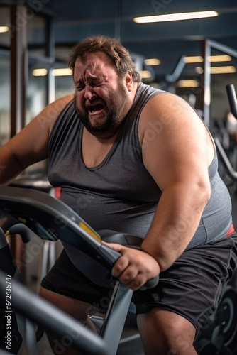 Funny exhausted fat man is working out in the gym. Generative AI
