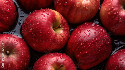 Vibrant red apples glisten with water droplets, embodying the simplicity and nourishing beauty of nature