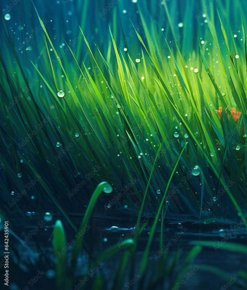 Green Grass near Water Splash: Refreshing Nature Scene - obrazy, fototapety, plakaty 