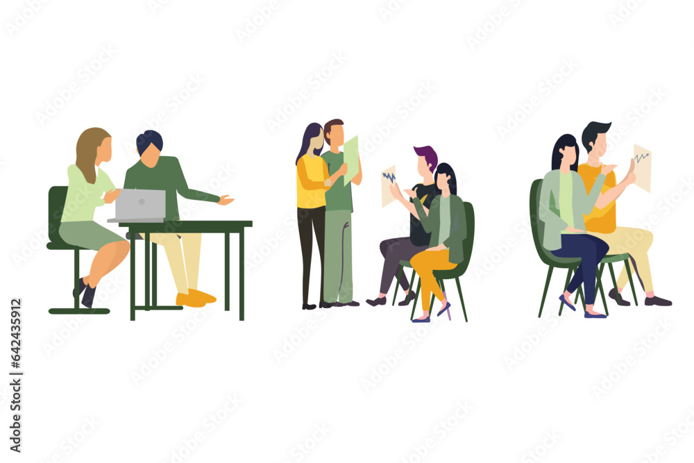 managers discussion poses set, read business achievements, meeting from home, online discussion, hold the time, deadline start up project, reading the business result, teamwork concept.