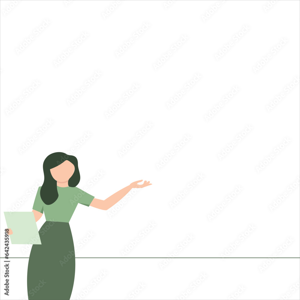 Vector illustration half body of a female manager stands presenting business achievements, white background, object design with flat style for presentation Vector illustration half body of a female manager stands presenting business achievements, white background, object design with flat style for presentation
