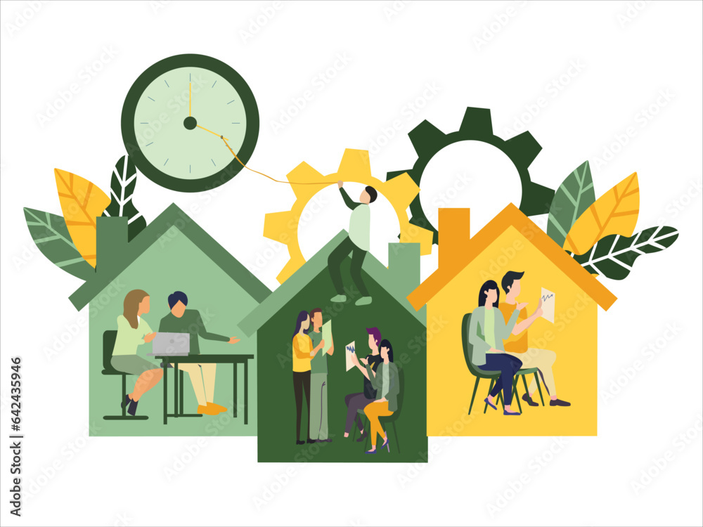 meeting from home, online discussion, hold the time, deadline start up project, reading the business result, teamwork concept, manager, leadership. vector illustration