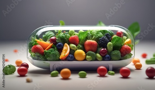 Healthy Food. Fruits and greens inside a pill. Food supplement concept as a pill or medicine capsule with fresh fruit and vegetables inside. Generative AI  
