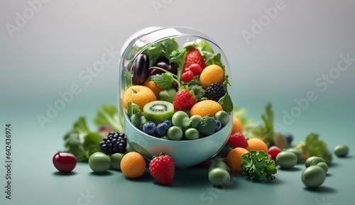 Healthy Food. Fruits and greens inside a pill. Food supplement concept as a pill or medicine capsule with fresh fruit and vegetables inside. Generative AI  