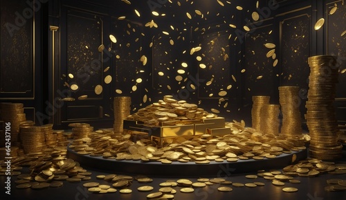 room full of money and gold , Dark background , Generation AI   © dua