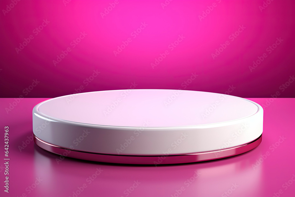 Empty pedestal display on magenta minimal background. Blank podium for showing product Empty pedestal display on magenta minimal background. Blank podium for showing product