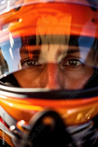 Formula 1 racer face sitting in his bolide. Generative AI © piai