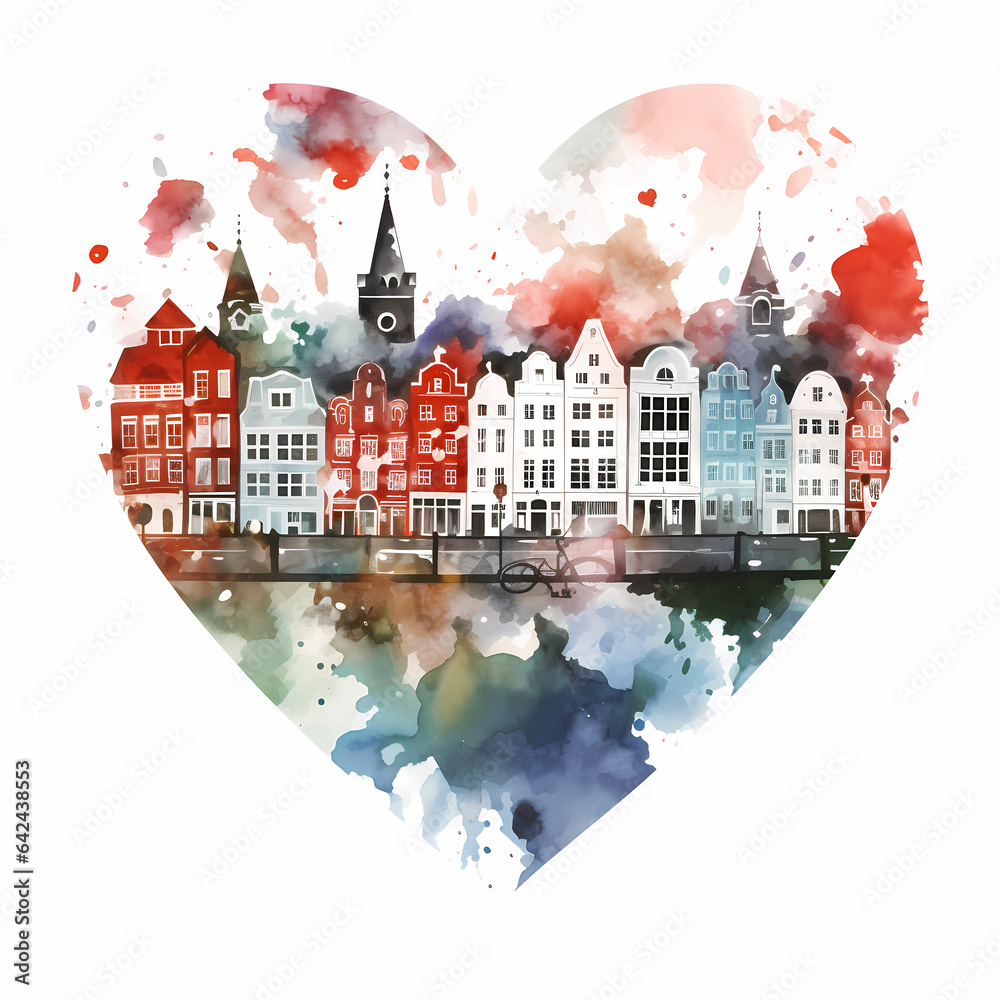 Amsterdam city in heart. Watercolor illustration.
