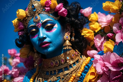 Krishna, incarnation of the god Vishnu from india, in sky blue and pink, closeup
