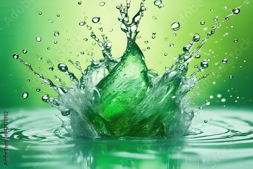 Macro photo of abstract photo green water splash with fresh green background.