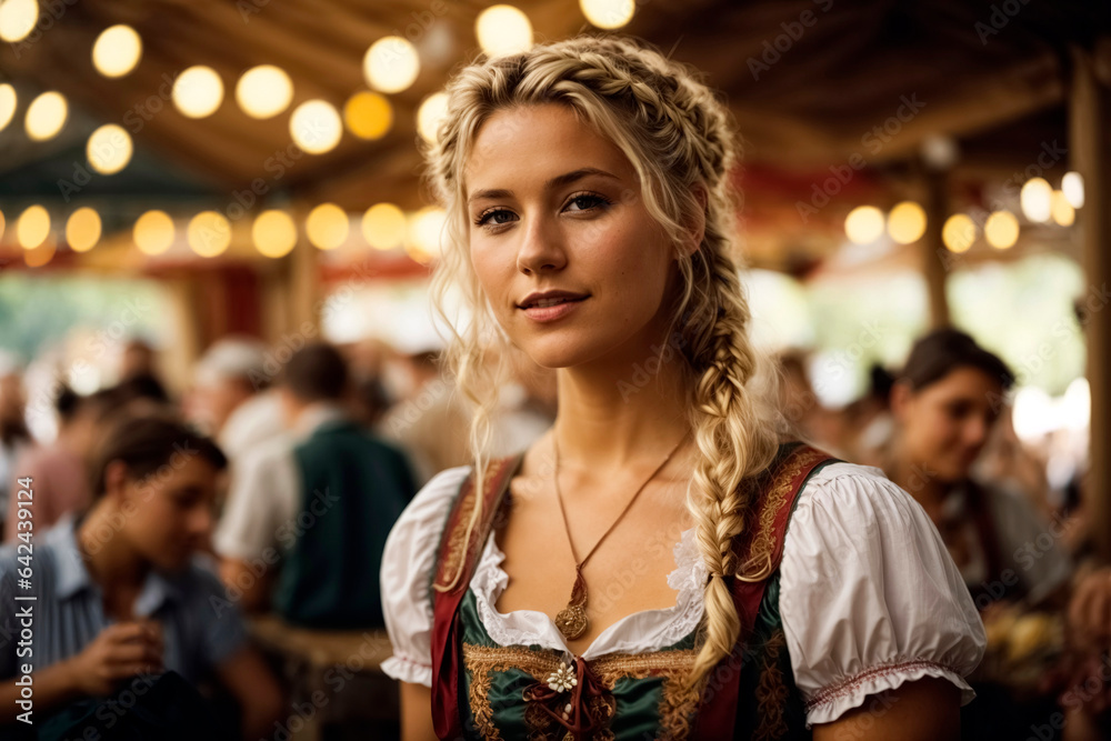Young blond woman in bavarian dirndl at bavarian folk festival Young blond woman in bavarian dirndl at bavarian folk festival