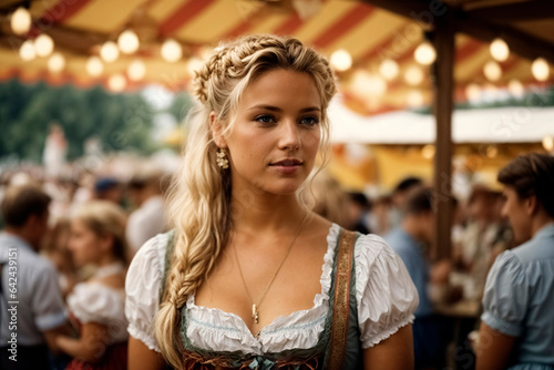 Young blond woman in bavarian dirndl at bavarian folk festival