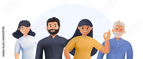 3D happy positive people, group. 3D cartoon style vector design illustrations. Different people culture team. Teamwork and cooperation render vector