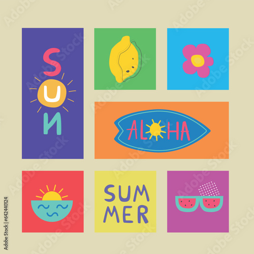 Abstract composition with summer motifs. Set of vector symbols for design. Tropical hand drawn objects