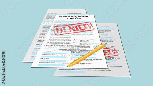 The 'Social Security Claim Denied' stamp indicates a denial of social unemployment benefits