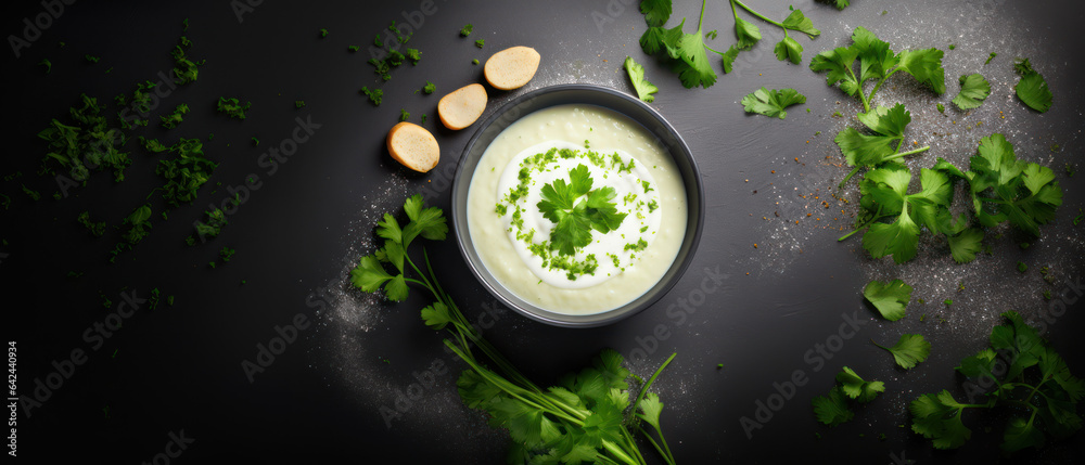 Delicious Celery Soup on Gray Table - Flat Lay Delicious Celery Soup on Gray Table - Flat Lay