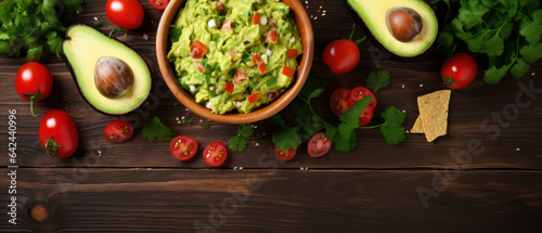 Delicious Guacamole with Nachos Chips and Ingredients on Wooden Table - Flat Lay