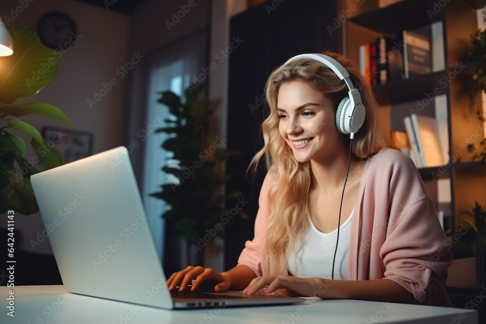 Video call, wave and woman in communication on a laptop for her small business in fashion. Happy, creative and designer talking on a call with a hello, headphones and smile on technology at work - obrazy, fototapety, plakaty 