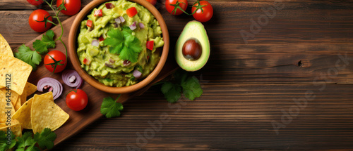 Delicious Guacamole with Nachos Chips and Ingredients on Wooden Table - Flat Lay
