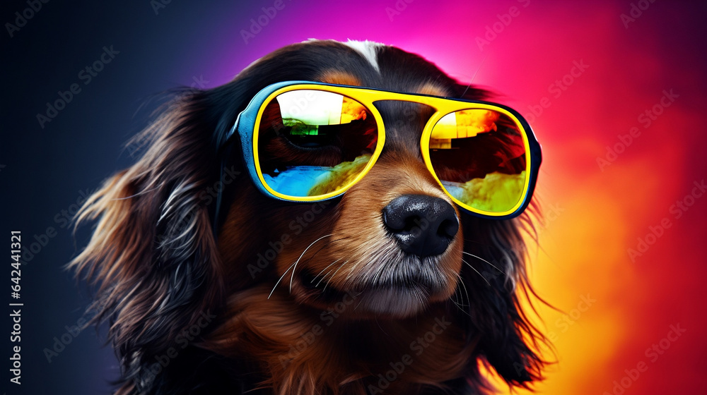 Soleil canin sous l'arc-en-ciel : Un chien cool aux lunettes stylées - obrazy, fototapety, plakaty 