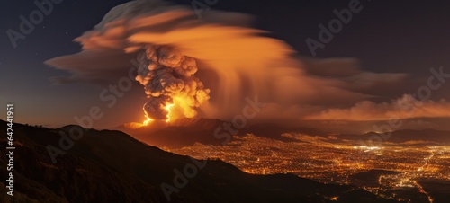 big volcanic eruption at night. pyroclastic cloud. 