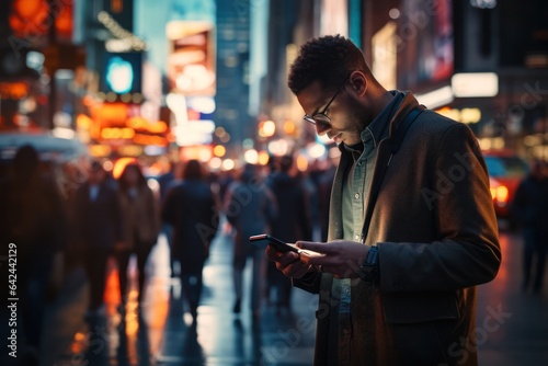busy african american man using smart phone on night street, bright urban setting