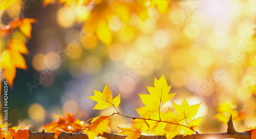 Branches of autumn trees with yellow leaves close-up on a blurred background. Generative AI.