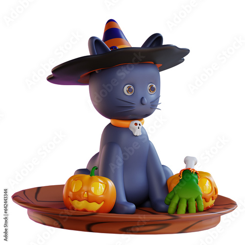 3d illustration of a pumpkin cat and a zombie hand
