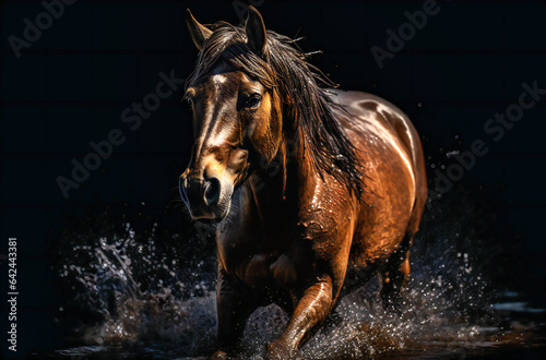 Brown Horse Running Down a Black Background  Powerful Stride