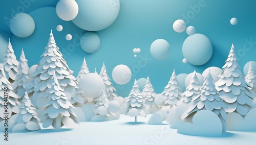 background merry paper art blue origami christmas greeting winter tree snowflakes. Generative AI. © VICHIZH