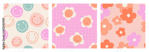 1970 Daisy seamless pattern pack with Naive groovy smiles and squiggle. Retrowave with 90s style for kids. Minimalist nursery print in Pink colors. Unisex nursery design for t-shirts