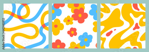 1970 Daisy seamless pattern pack with Naive groovy wave and squiggle. Retrowave with 90s style for kids. Fun colorful Doodle Bright backgrounds. Minimalist nursery print in red, blue and yellow.