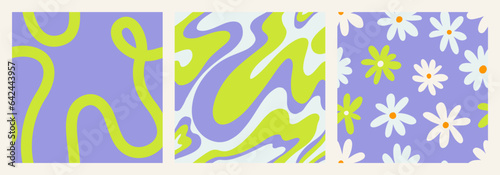 1970 Daisy seamless pattern pack with Naive groovy wave and squiggle. Retrowave with 90s style for kids. Fun colorful Doodle Bright backgrounds. Minimalist nursery print in neon green and lavender.
