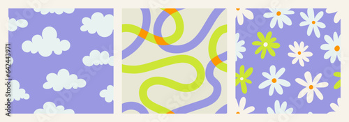 1970 squiggle seamless pattern pack with Naive groovy wave and Clouds. Retrowave with 90s style for kids. Fun colorful Doodle Bright backgrounds. Minimalist nursery print in neon green and lavender.