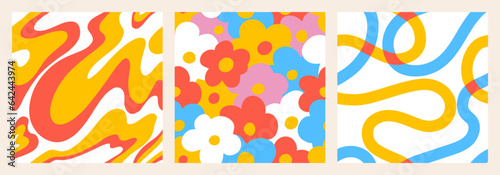 1970 Daisy seamless pattern pack with Naive groovy wave and squiggle. Retrowave with 90s style for kids. Fun colorful Doodle Bright backgrounds. Minimalist nursery print in red, blue and yellow