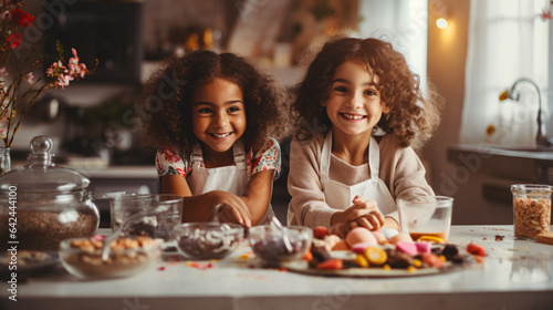 Two young girls, one of African American descent and the other Caucasian, share a strong friendship as they collaborate in a contemporary kitchen to prepare a meal.