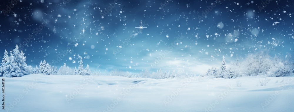 Winter panoramic background with snow. Snowflakes, drifts of snow and Christmas trees in the background